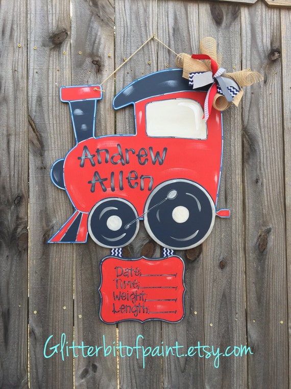Items similar to Train Hospital Door Hanger, Birth Announcment and