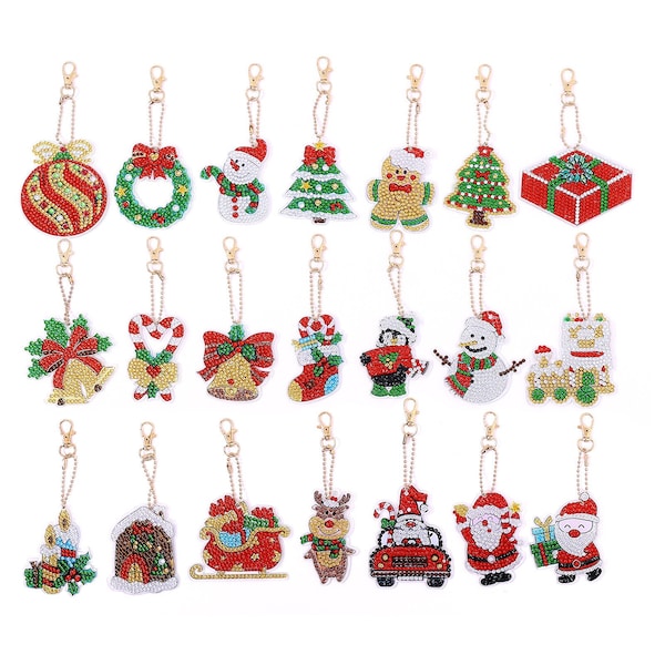 21 Pcs 5D DIY Assorted Christmas Diamond Art Keyrings by Numbers Kit Single Sided for Adults & Kids