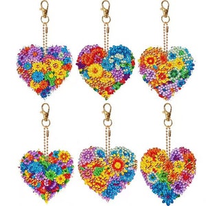 6 Stück 5D DIY Bunte Blumen Herzen Diamant Malerei Schlüsselanhänger / Schlüsselanhänger Kit Doppelseitig Strass Handwerk Anhänger