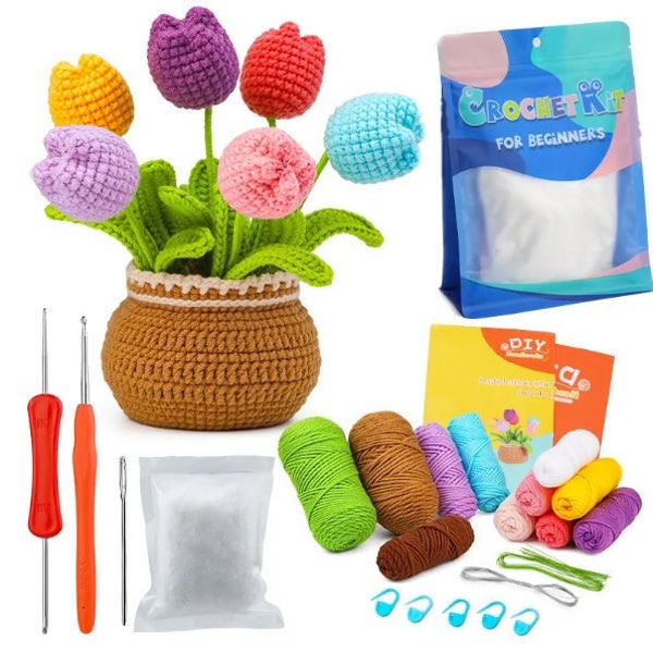 DIY niedliches Tulip Blumentopf häkeln Strick-Starter-Kit für Anfänger mit Schritt für Schritt Video Anleitung