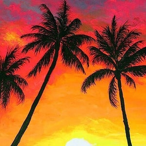 May include: Silhouettes of two palm trees against a vibrant sunset sky. The sky transitions from a deep purple to orange and yellow, creating a warm and tropical scene.