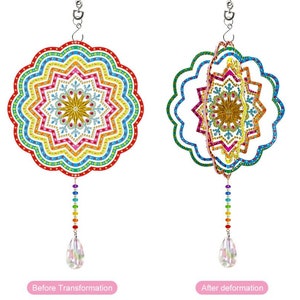 May include: A colorful, multi-layered mandala wind chime with a crystal drop. The mandala is made of iridescent beads and features a snowflake design. The wind chime is shown in two states: before and after transformation.