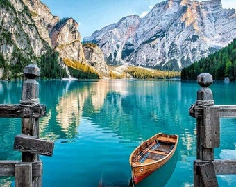 Canoe & Mountains Diamond Painting Kit | 5D Round Drill Diamond Art for Adults | 40x30cm Rhinestone Canvas | Lake Landscape Craft