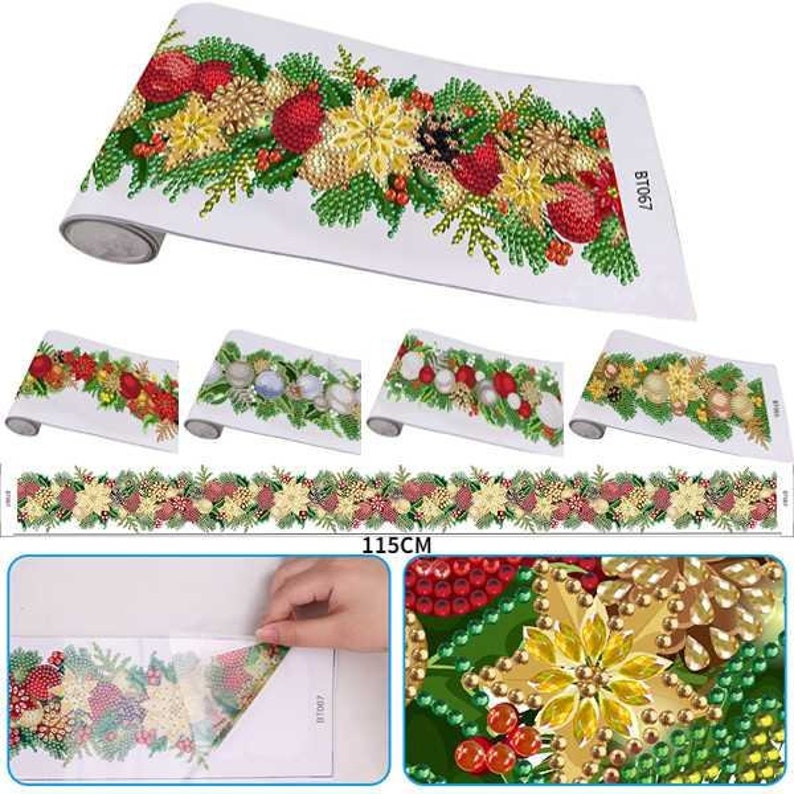 May include: A roll of Christmas-themed diamond painting border with a red, green, and gold design. The border features a repeating pattern of holly, pine branches, and ornaments. The roll is 115 cm long.