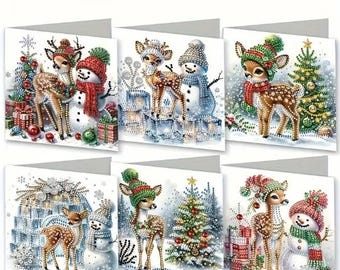 Diamond Painting Christmas Card Kit 6pcs Reindeer & Snowman | 5D DIY Diamond Art Greeting Cards | Make Your Own Xmas Cards