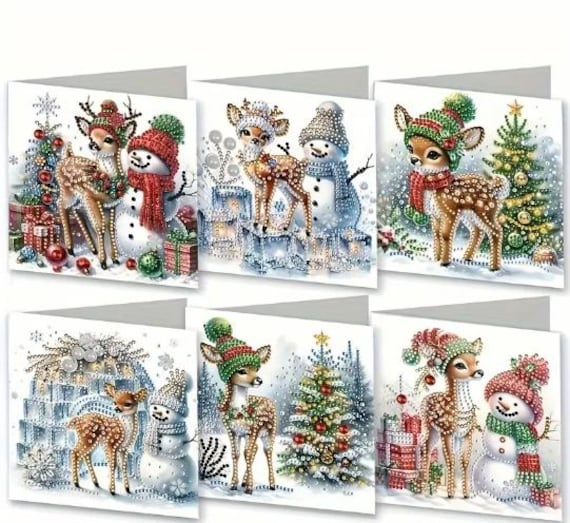 Diamond Painting Christmas Card Kit 6pcs Reindeer & Snowman | 5D DIY Diamond Art Greeting Cards | Make Your Own Xmas Cards
