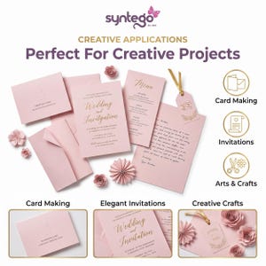May include: A collection of light pink paper stationery including envelopes, a wedding invitation, a menu, and a gift tag with gold ribbon. The items feature printed text and are decorated with small paper flowers. Text includes Syntego, Creative Applications, Perfect For Creative Projects, Card Making, Invitations, and Arts & Crafts.