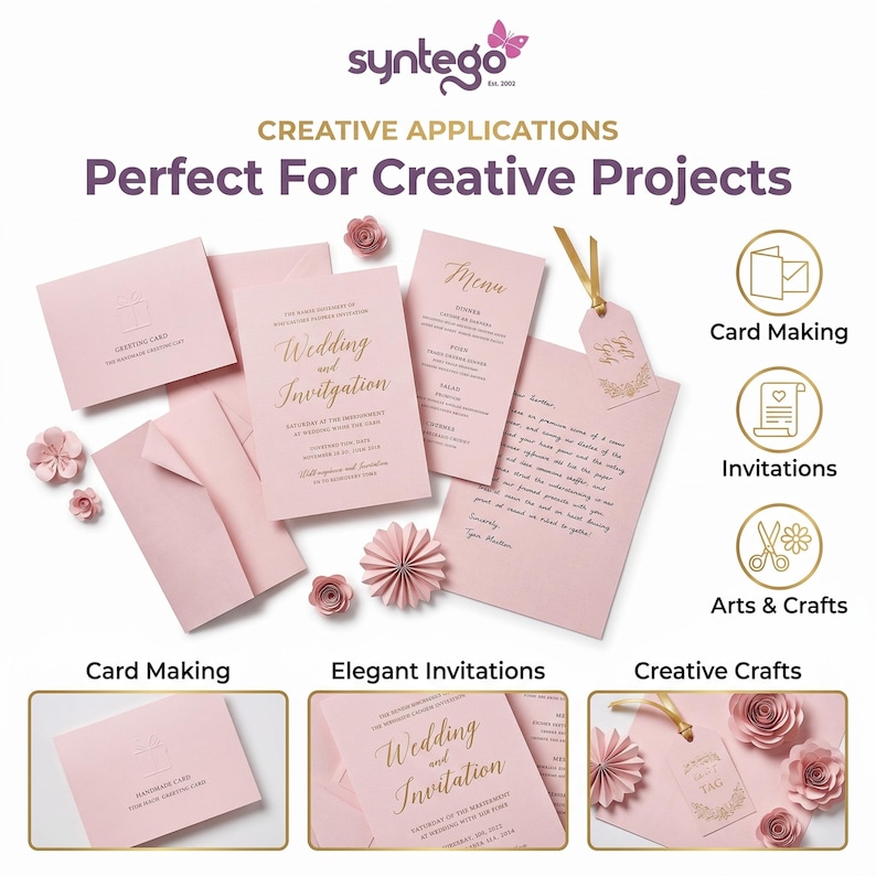 May include: A collection of light pink paper stationery including envelopes, a wedding invitation, a menu, and a gift tag with gold ribbon. The items feature printed text and are decorated with small paper flowers. Text includes Syntego, Creative Applications, Perfect For Creative Projects, Card Making, Invitations, and Arts & Crafts.