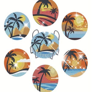 May include: Set of six round coasters with a tropical beach theme. Each coaster features a palm tree silhouette against a sunset sky with a blue ocean and white sand. The coasters are made of a shiny material that resembles rhinestones.