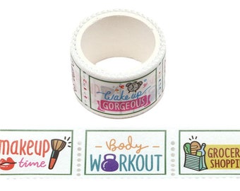 May include: White washi tape with colorful designs and text. The designs include a makeup brush, a dumbbell, and a grocery bag. The text includes "makeup time", "Body Workout", and "Grocery Shopping".