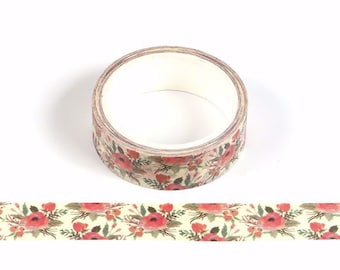Christmas Floral Washi Tape: Red and Green Flowers, 15mm