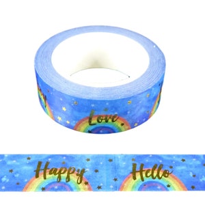 Rainbow Washi Tape UK with Inspirational Words and Stars in Gold Foil 15mm x 10 Meters Eco Friendly Bullet Journal