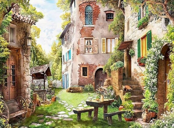 Syntego Kit Pittura Con Numeri Per Adulti - Wishing Well Giardino - Tela 50x40 Cm Con Pennelli E Colori Acrilici - 2