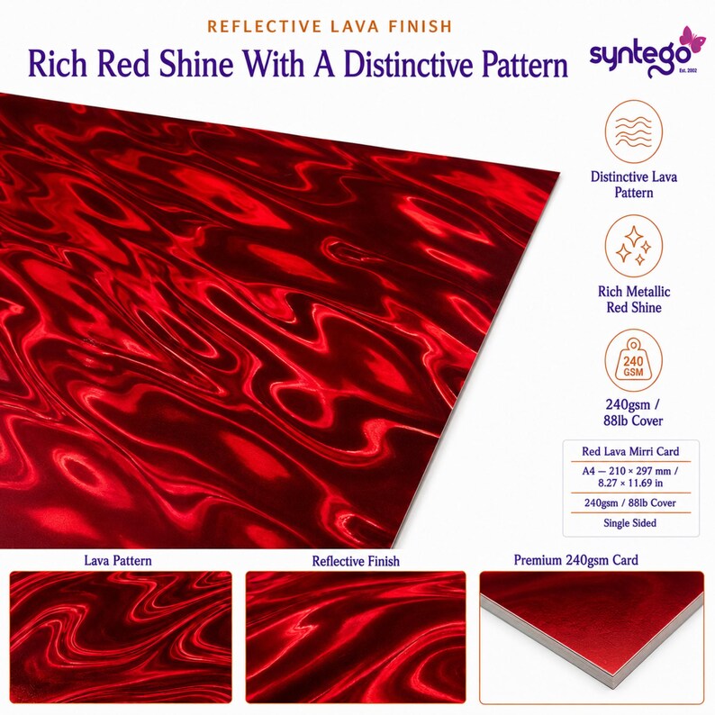 May include: A sheet of red lava mirri card with a reflective finish and a distinctive wavy pattern. The card is 240gsm, 88lb cover, and measures 8.27 inches by 11.69 inches. The text includes Reflective Lava Finish, Rich Red Shine With A Distinctive Pattern.