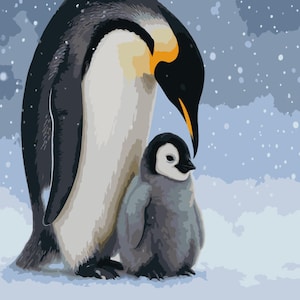 May include: A digital illustration of an adult emperor penguin standing over a small, fluffy gray chick. Both penguins are positioned against a light blue, snowy background with white snowflakes falling throughout the scene.