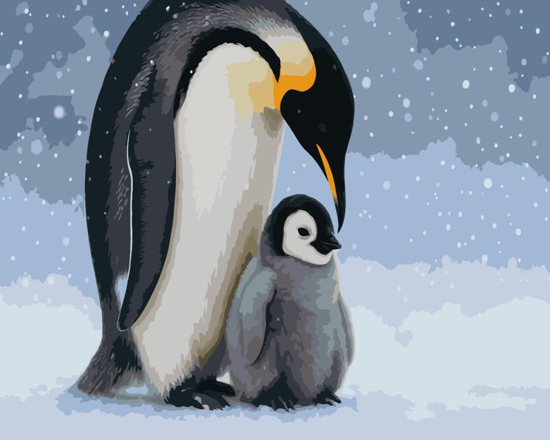 May include: A digital illustration of an adult emperor penguin standing over a small, fluffy gray chick. Both penguins are positioned against a light blue, snowy background with white snowflakes falling throughout the scene.