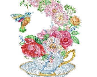 Diamond Art Painting Kit Hummingbird Teacup | 5D DIY Diamond Art Round Drill Craft Kit for Adults