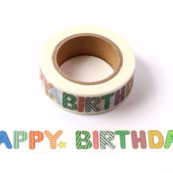 White Happy Birthday Washi Tape UK Multi Colour Letters and Gold Foil Embossing 15mm x 10 Meters Eco Friendly Bullet Journal