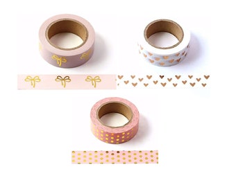 Washi Tape Set Pink and Gold Foil, Rose Gold Hearts, Pink and Gold Bows 15mm 3 Designs Eco Friendly Bullet Journal