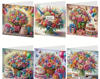 Diamond Painting Card Kit 6pcs Flower Bouquet | DIY 5D Diamond Art Birthday Cards | Make Your Own Greeting Cards Craft Set