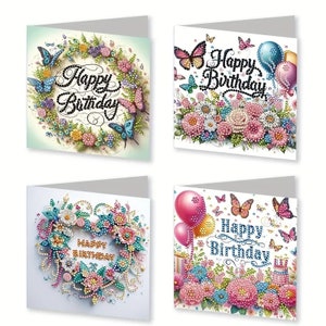 4stk 5D DIY Diamant Malerei Set Geburtstagskarte Kits für Erwachsene - Diamant Malerei Geburtstag Grußkarte Kit Dekoration