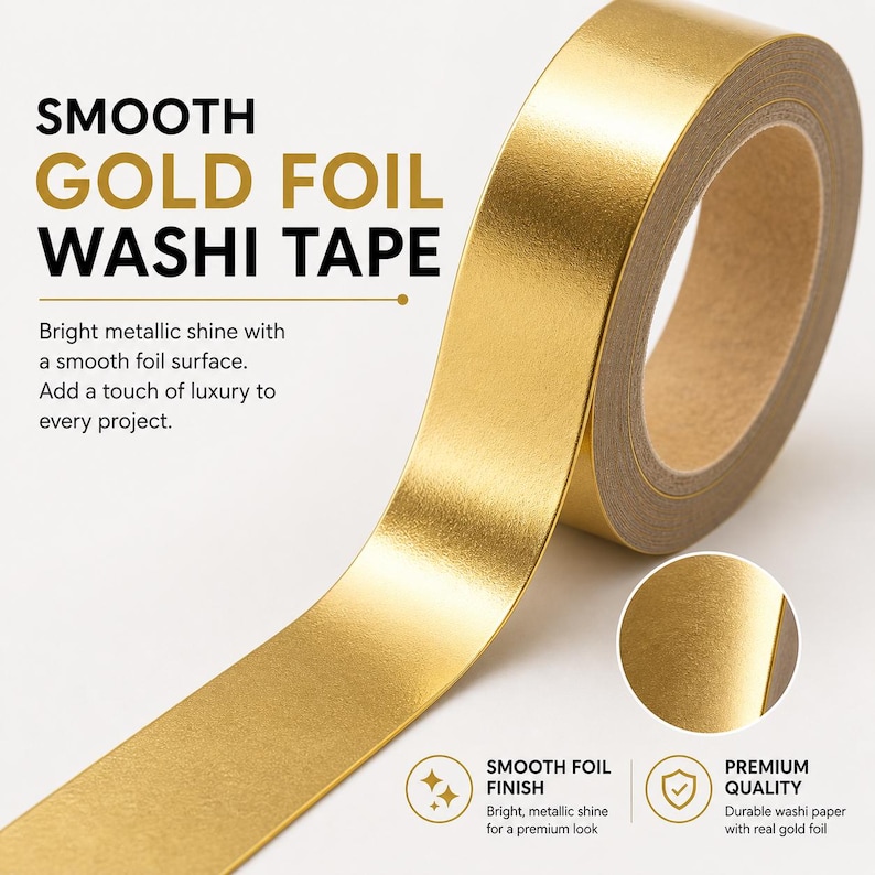 May include: A roll of gold foil washi tape with a smooth, bright metallic finish. The text on the image reads: SMOOTH GOLD FOIL WASHI TAPE, Bright metallic shine with a smooth foil surface. Add a touch of luxury to every project. SMOOTH FOIL FINISH, PREMIUM QUALITY.