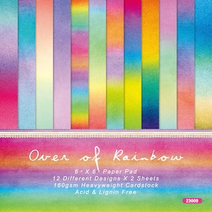 May include: A paper pad featuring 12 designs with colour gradients. The text "Over of Rainbow" is displayed. Each sheet measures 15.24 cm x 15.24 cm and is made of 160gsm heavyweight cardstock. The paper is acid and lignin free.