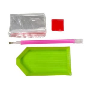 May include: Diamond painting kit with a green tray, pink pen, red wax, and a clear plastic bag.