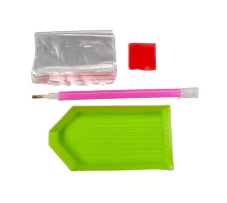 May include: Diamond painting kit with a green tray, pink pen, red wax, and a clear plastic bag.