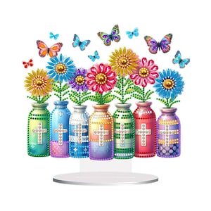 Kit de pintura de diamantes 5D DIY con diseño de cruz floral, jarrones con flores, bordado de diamantes de imitación acrílicos, adorno decorativo para mesa