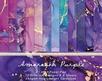 Syntego 24 hojas, 12 diseños Papel decorativo de mármol morado Papel para álbumes de recortes libre de ácido 160 g/m², una sola cara 15,2 cm x 15,2 cm (6 pulg. x 6 pulg.)