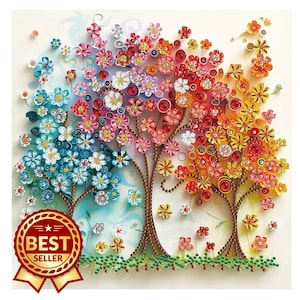 May include: A colorful paper quilling art piece featuring three stylized trees with vibrant blooms in blue, pink, red, and yellow. The artwork includes a "BEST SELLER" badge.