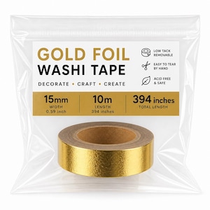 May include: A roll of gold foil washi tape in a clear plastic bag. The label reads GOLD FOIL WASHI TAPE, DECORATE CRAFT CREATE, LOW TACK REMOVABLE, EASY TO TEAR BY HAND, ACID FREE & SAFE, 15mm width, 0.59 inch, 10m length, and 394 inches total length.