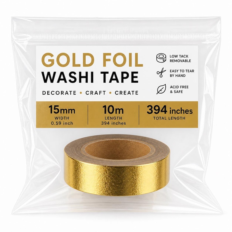 May include: A roll of gold foil washi tape in a clear plastic bag. The label reads GOLD FOIL WASHI TAPE, DECORATE CRAFT CREATE, LOW TACK REMOVABLE, EASY TO TEAR BY HAND, ACID FREE & SAFE, 15mm width, 0.59 inch, 10m length, and 394 inches total length.