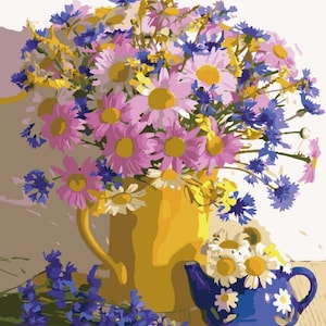 May include: A bouquet of pink and white daisies and blue wildflowers in a yellow jug and a blue teapot with white daisies.