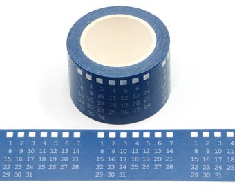 May include: A roll of blue washi tape with white numbers 1 through 31 printed on it. The tape is designed to look like a film strip.