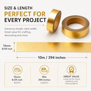 May include: Two rolls of metallic gold tape and a flat strip of the same tape. Text includes SIZE & LENGTH, 15mm 0.59 inch width, and 10m 394 inches length. The tape has a smooth, reflective gold surface and a brown cardboard core.