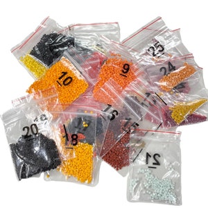 May include: Assortment of small plastic bags filled with colorful beads, each bag labeled with a number from 10 to 25. The beads are likely for a diamond painting project.