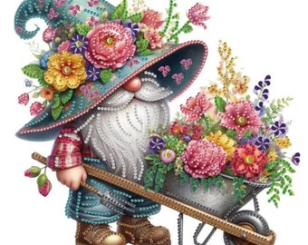 5D DIY Wheelbarrow Floral Gardening Gnome Diamond Art Kit Crystal Embroidery Rhinestone Canvas 30cm x 30cm