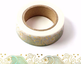 Ocean Sea Waves with Gold Foil Embossing Decorative Washi Tape 15mm x 10 Meters Eco Friendly Bullet Journal