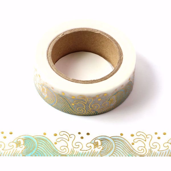 Ocean Sea Waves with Gold Foil Embossing Decorative Washi Tape 15mm x 10 Meters Eco Friendly Bullet Journal