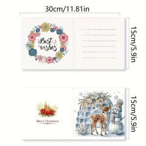 May include: Two blank greeting cards with Christmas themes. The first card features a wreath of flowers with the text "Best wishes". The second card features a snowman and a deer in front of a snow-covered house with the text "Merry Christmas!" The cards are 5.9 inches by 5.9 inches and 11.81 inches long.