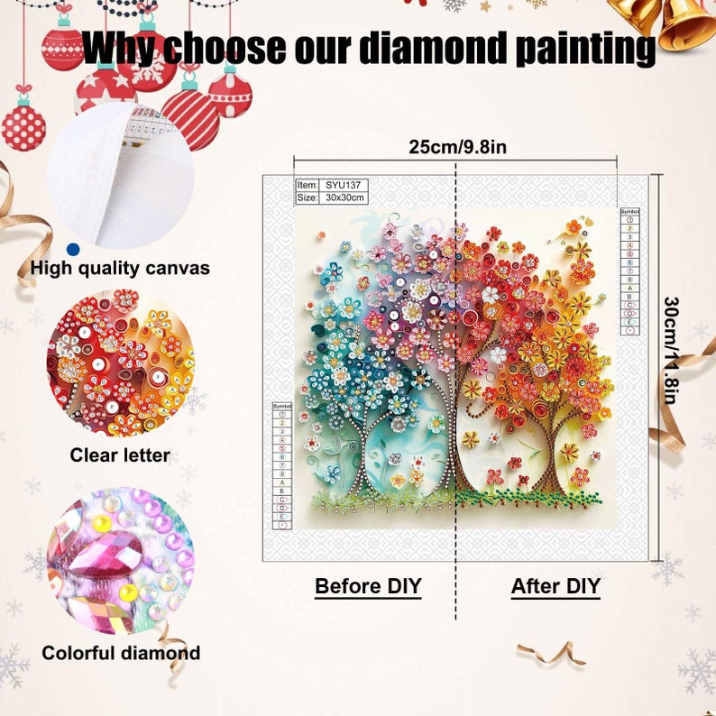 May include: Diamond painting kit featuring a colorful tree design. The canvas measures 9.8 inches by 11.8 inches. The image highlights the high-quality canvas, clear letters, and colorful diamonds. The text reads "Why choose our diamond painting."