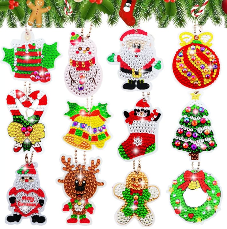 5D Diamond Painting Christmas Keyring Kit: DIY Rhinestone Charm image 1