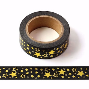 5 rouleaux de ruban adhésif de masquage décoratif britannique étoiles feuille d'or et noir, ruban de masquage décoratif adhésif, 15 mm x 10 mètres, respectueux de l'environnement, Bullet Journal