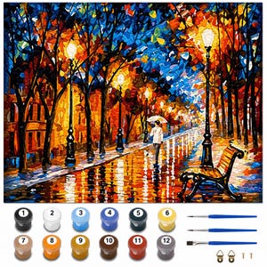 May include: A paint-by-numbers kit showing a vibrant street scene with a person under an umbrella. The artwork depicts a wet street reflecting the lights of the street lamps and trees. Includes paint pots, brushes, and hanging hardware for the finished piece.