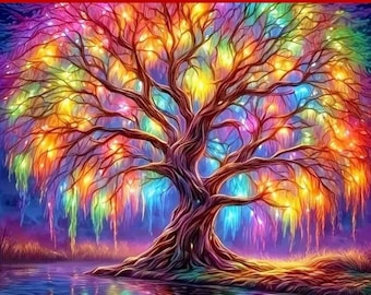 Illuminating Rainbow Tree Diamond Art Painting Kit: 5D DIY Crystal Embroidery (20cm x 20cm)