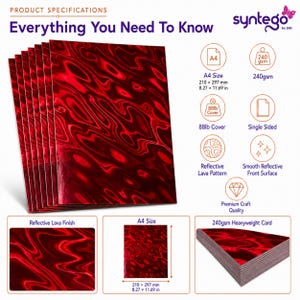 May include: A stack of A4 size red holographic cardstock sheets featuring a reflective lava pattern. The product specifications indicate a 240gsm weight, 88lb cover, single-sided finish, and dimensions of 8.27 by 11.69 inches for each sheet.