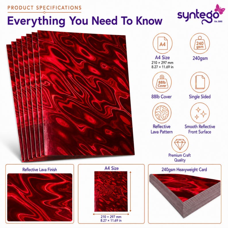 May include: A stack of A4 size red holographic cardstock sheets featuring a reflective lava pattern. The product specifications indicate a 240gsm weight, 88lb cover, single-sided finish, and dimensions of 8.27 by 11.69 inches for each sheet.