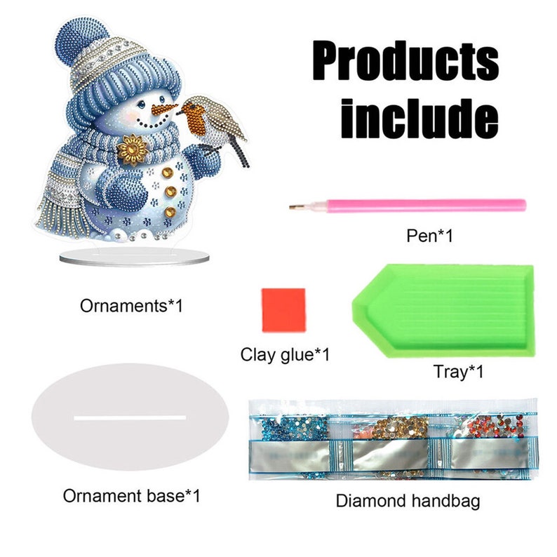 May include: A 5D diamond painting kit featuring a snowman with a blue hat and scarf, holding a robin bird. The kit includes a tray, pen, clay glue, a diamond handbag, and an ornament base.